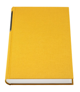 Yellow book isolated on white, black frame for title on the spin